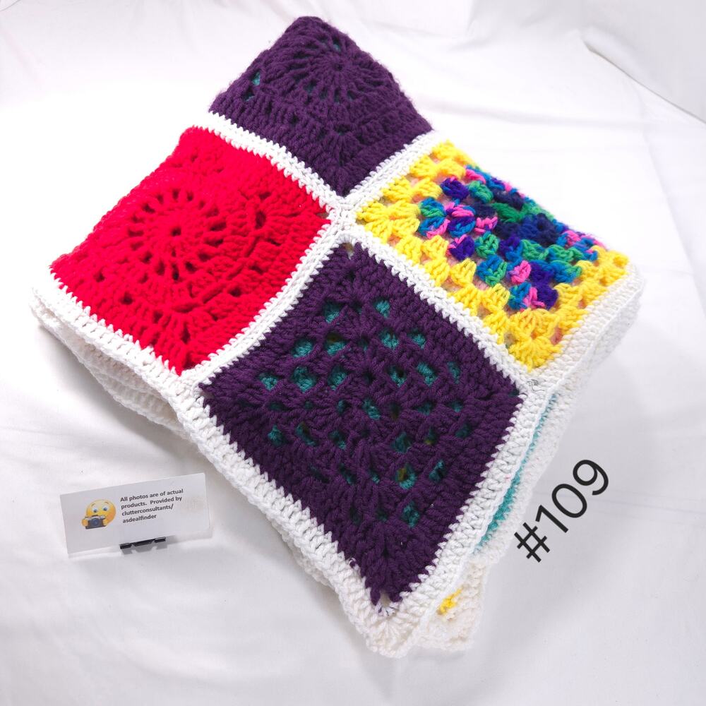 Vintage Handmade Afghan Blanket Crochet Knit Granny Squares 68x50 White Multi